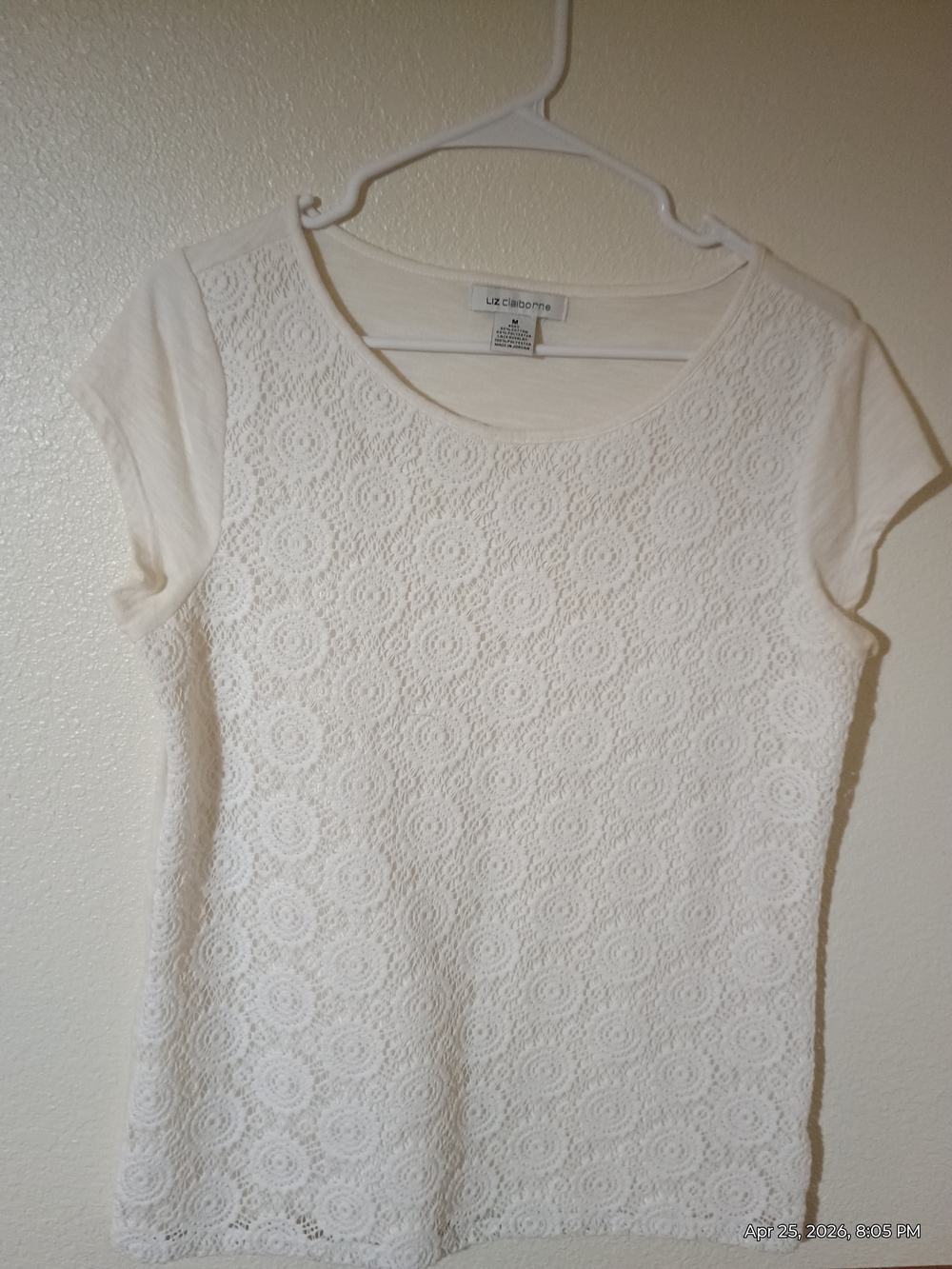 Liz Claiborne White Short Sleeve Crochet Front Top